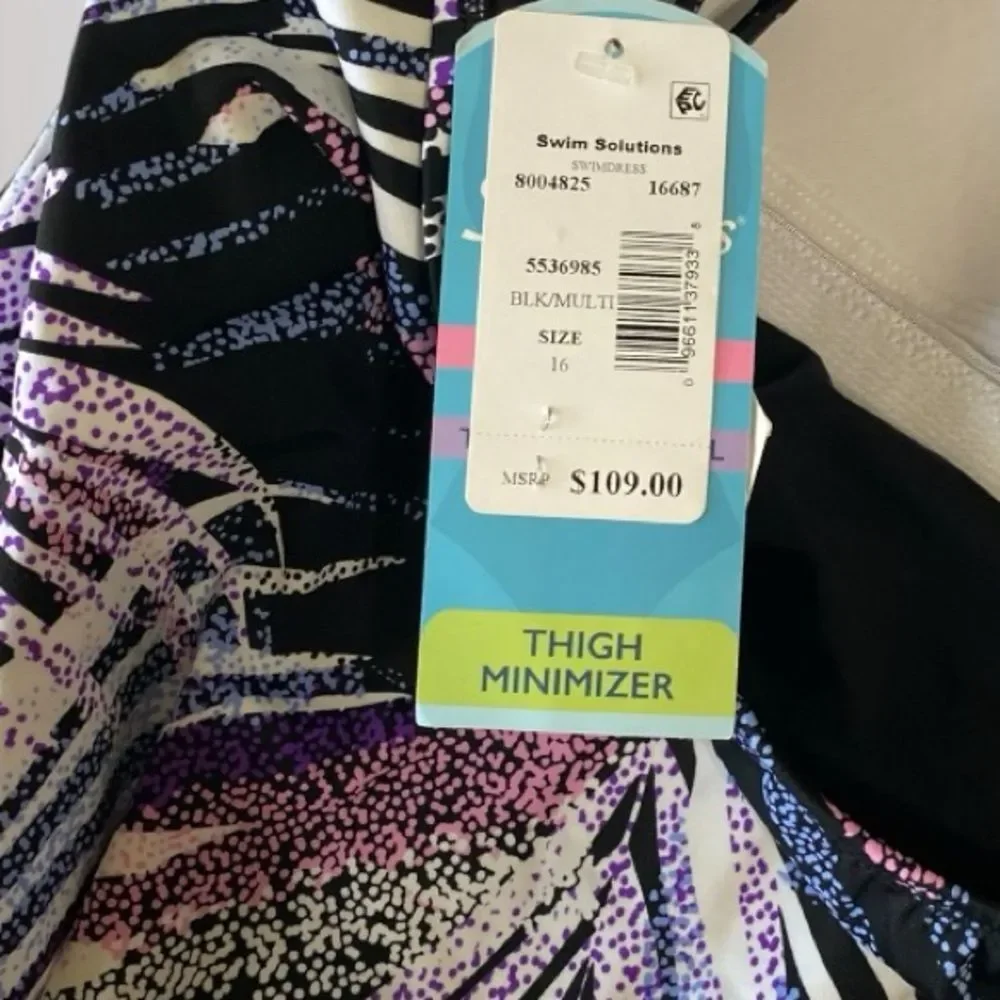 SWIM SOLUTIONS Swimdress NWT Shaping Slimming High Neck Purple Black Plus Sz 16 - Picture 10 of 13